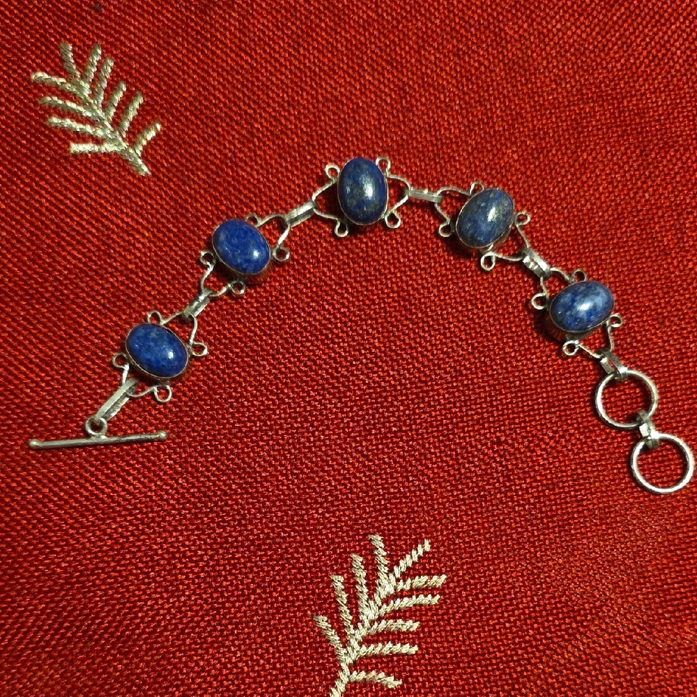 Vintage Sterling Silver 925 Lapis Lazuli Circular Panel Toggle Bracelet